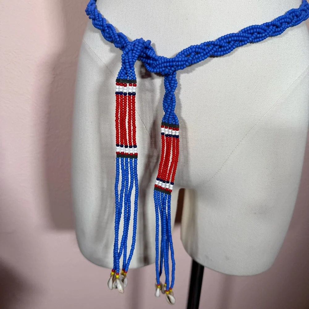 Vintage southwestern red blue Beaded Belt necklace shell tassels adjustable